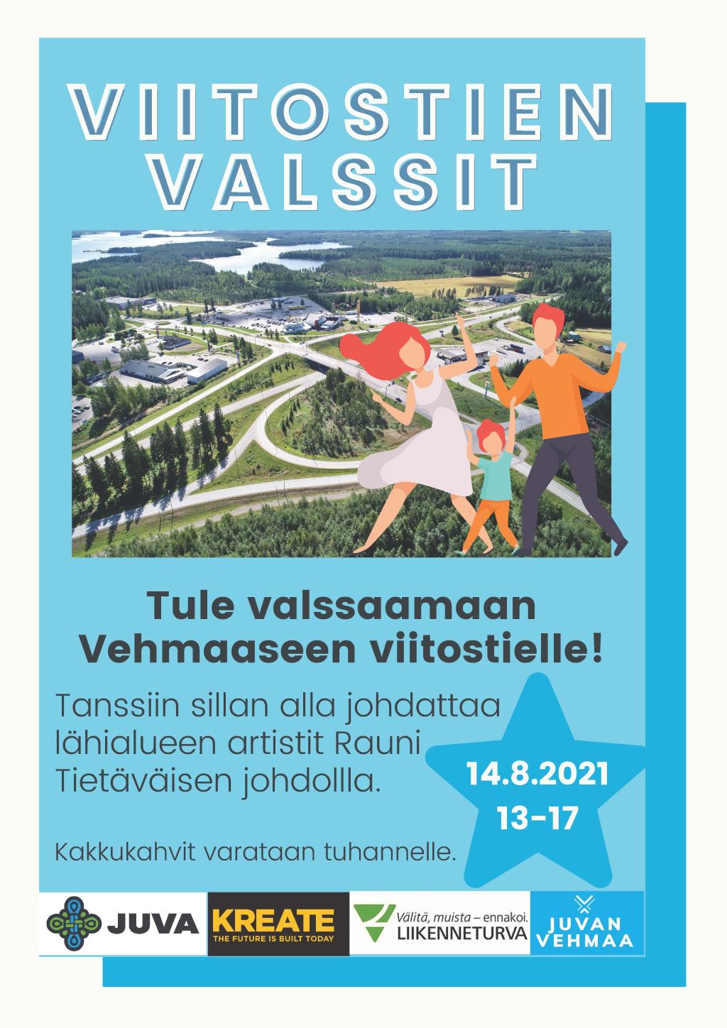 Juvan kunta järjestää tieurakoitsija Kreate Oy:n ja Väylän suotuisalla avulla sekä yhteistyöllä Viitostien Valssit -tapahtuman 14.8.2021 klo 13-17. Vehmaan eritasoliittymän sillan alla pääsee silloin tapahtuman nimen mukaisesti valssaamaan. 