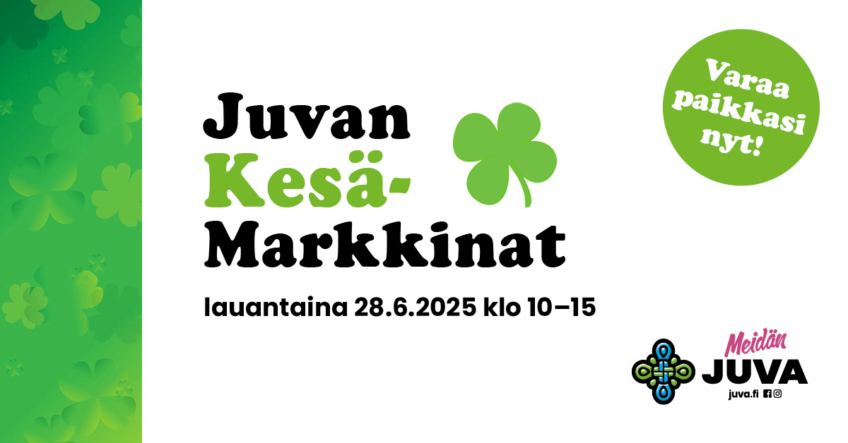 Juvan kesämarkkinat järjestetään lauantaina 28.6.2025 kello 10–15. Luvassa on jälleen monipuolista ohjelmaa koko perheelle. Myyntipaikat ovat varattavissa nyt.